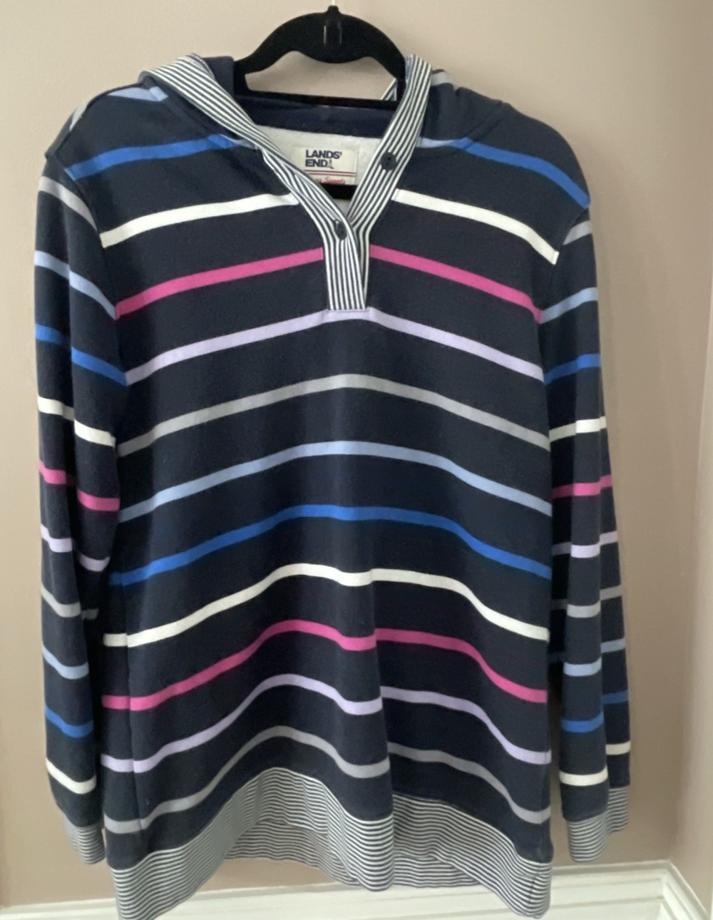 Lands' End Hoodie Womens M Serious Sweats Blue Rugby Striped Henley Pullover